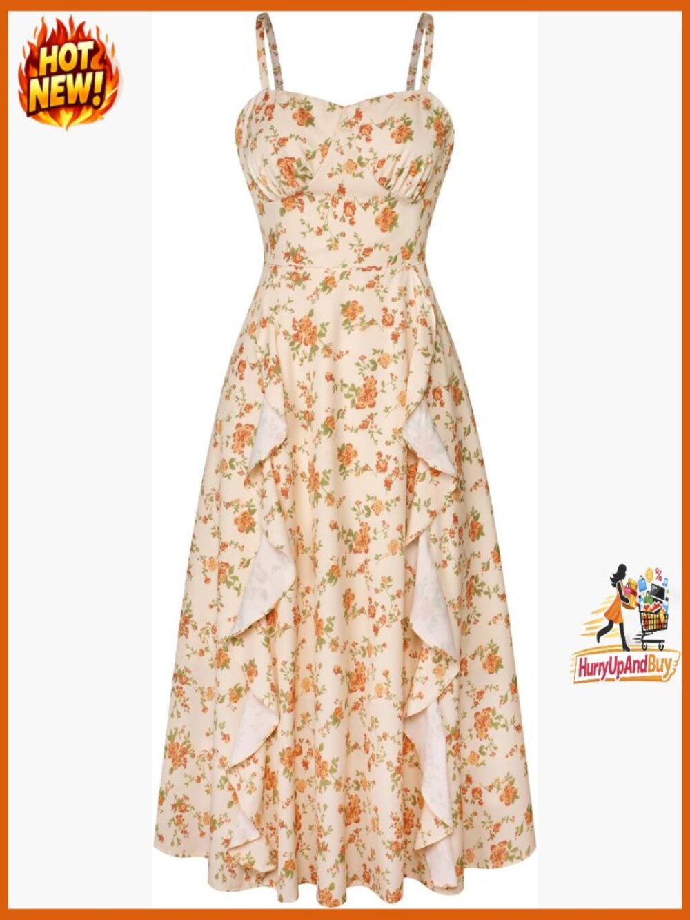 Floral Midi Sun Dress Boho Chic Spaghetti Strap Ruffle Wedding Guest Tea Party